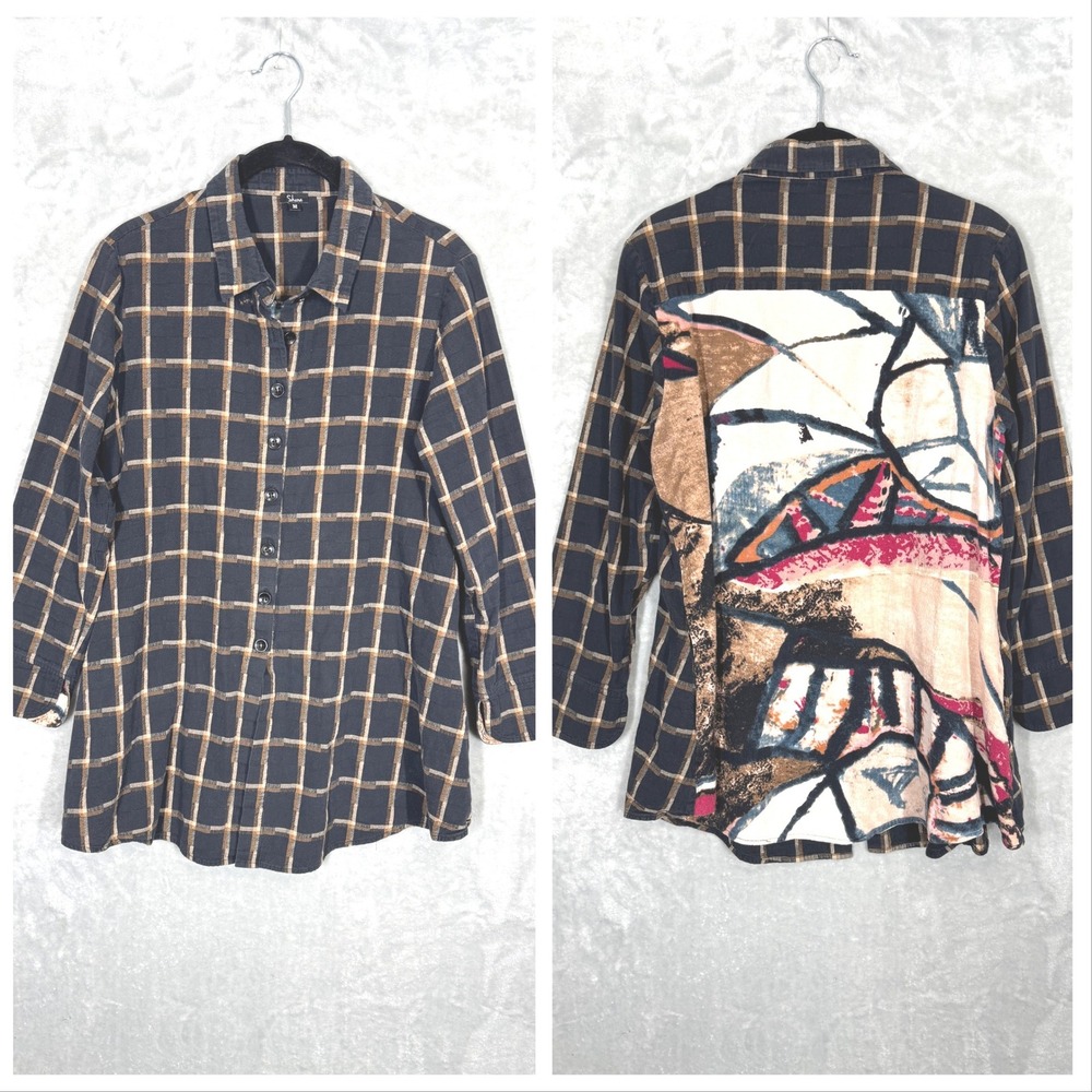 Shana Button Up Shirt Size Medium Womens Plaid Tunic Graphic Back Pockets